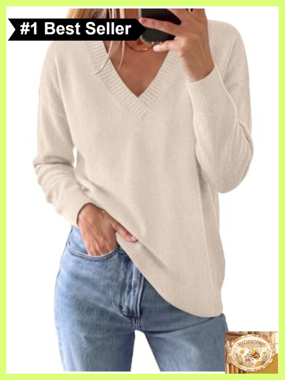 Womens V Neck Knit Pullover Sweater Long Sleeve Loose Fit